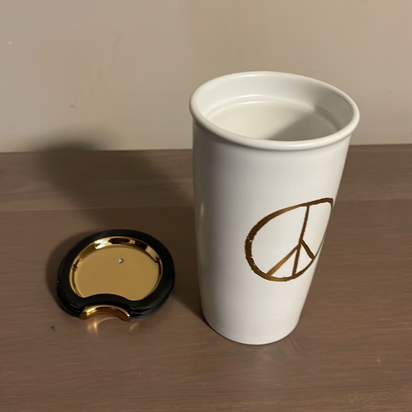 Starbucks White and Gold Peace Sign Ceramic Travel Mug - Picture 8 of 11